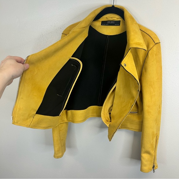 Zara Mustard Yellow Faux Leather Biker Jacket Womens L Indie Rocker Grunge Outer - Picture 13 of 16